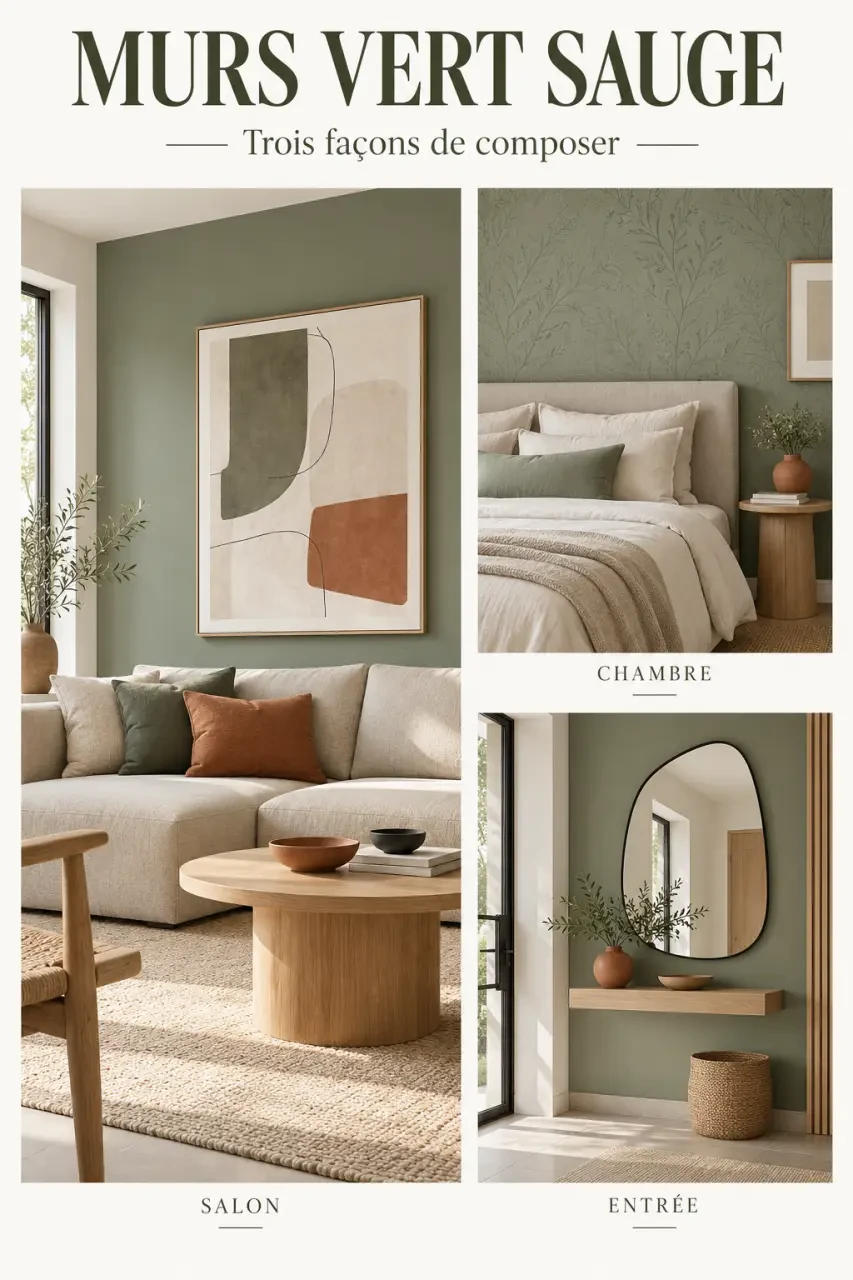 Inspiration de décoration murale vert sauge dans un salon, une chambre et une entrée